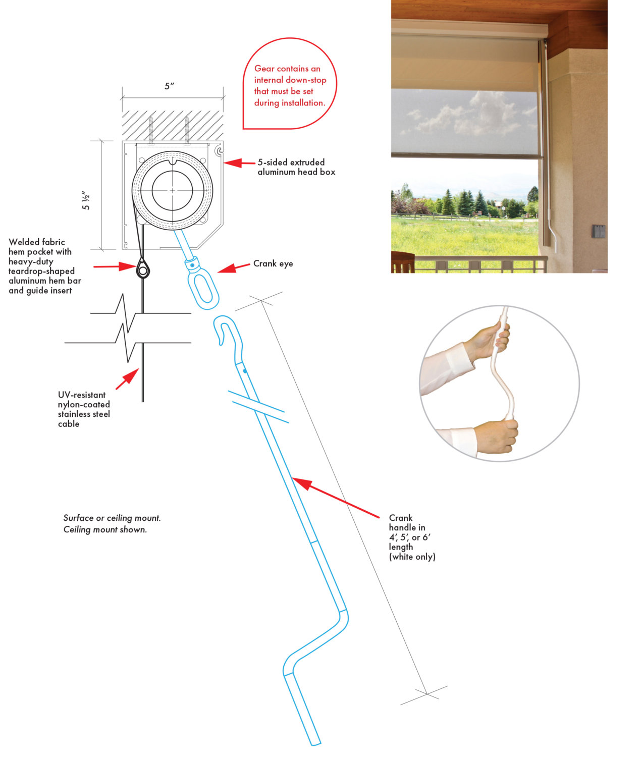Insolroll Patio Shade with crank operation photo and diagram