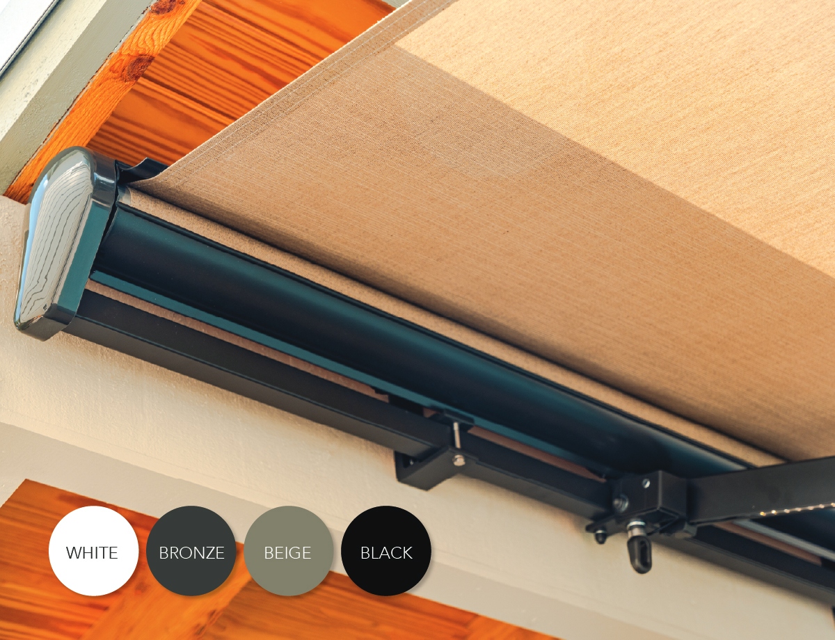 Retractable awning with color options: white, bronze, beige, black.