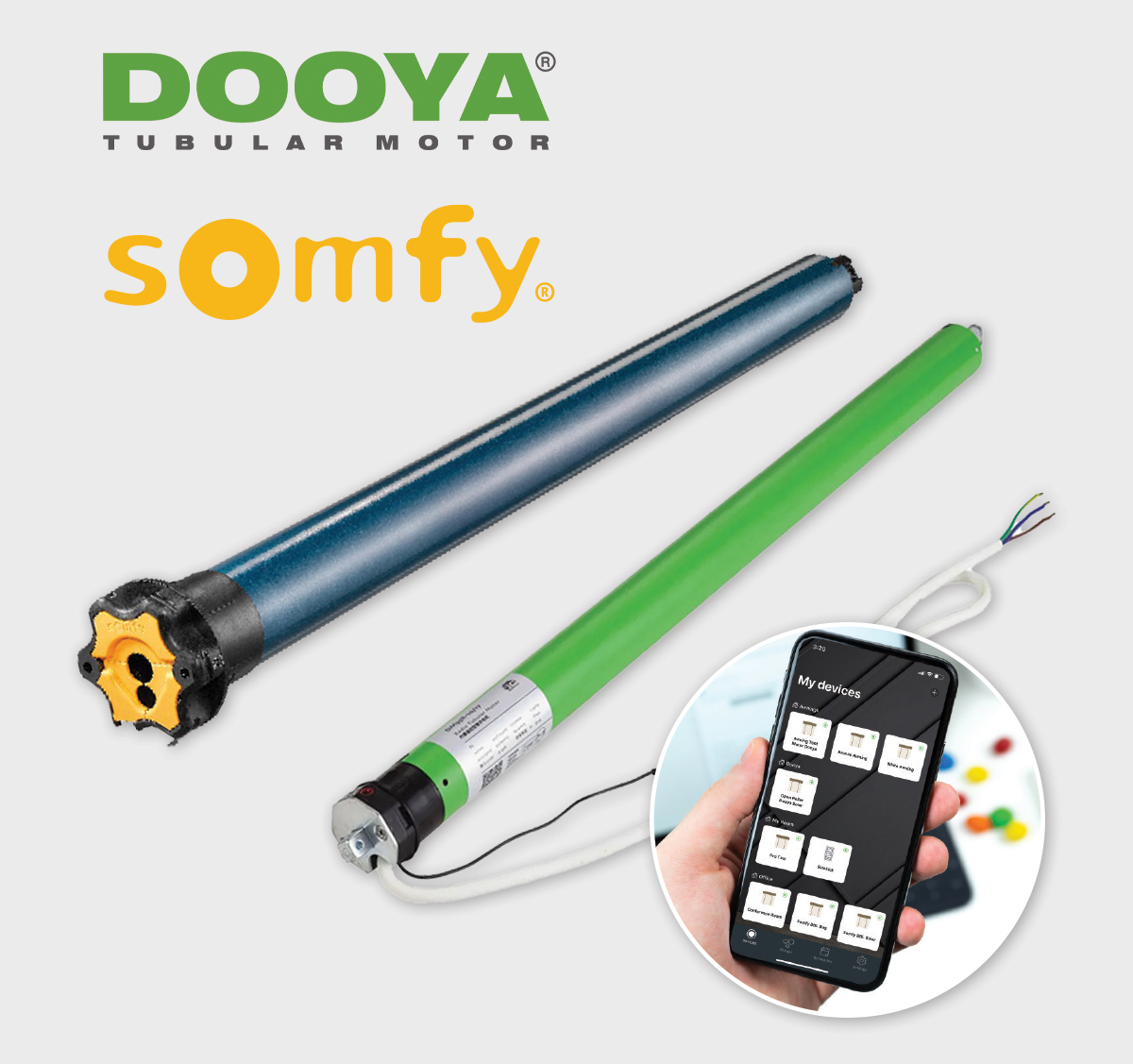 Dooya and Somfy tubular motors with smartphone control.