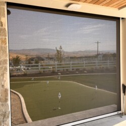 Outdoor putting green with flags and scenic view.